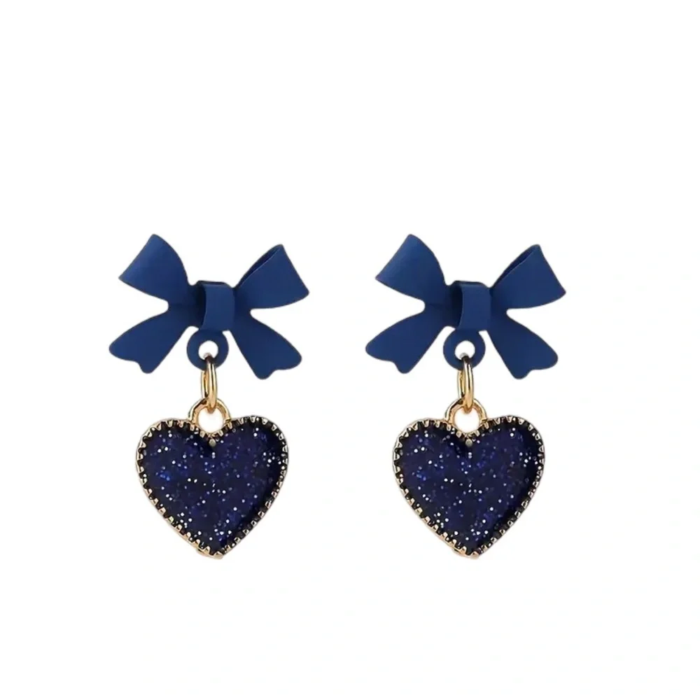 Blue Glitter Heart and Bow Drop Earrings